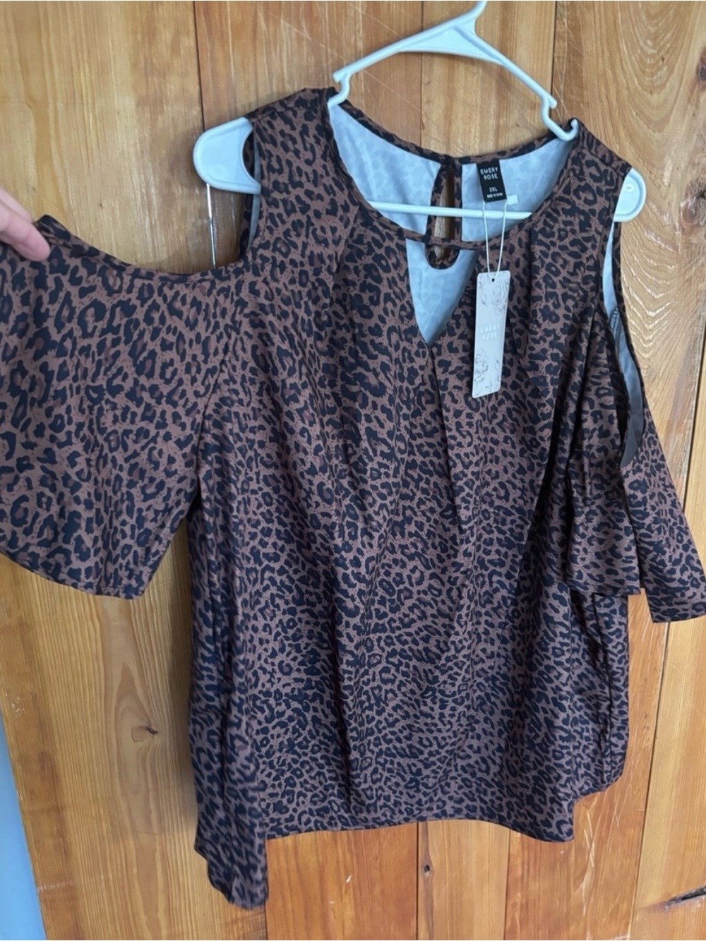 Emery Rose Brown and Black Leopard Cold-Shoulder Blouse